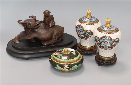 A Chinese hardwood carving and three cloisonne pots